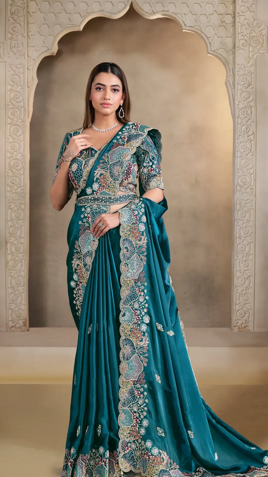 Crush Satin Silk Designer Saree with Sequence and Pearl Handwork