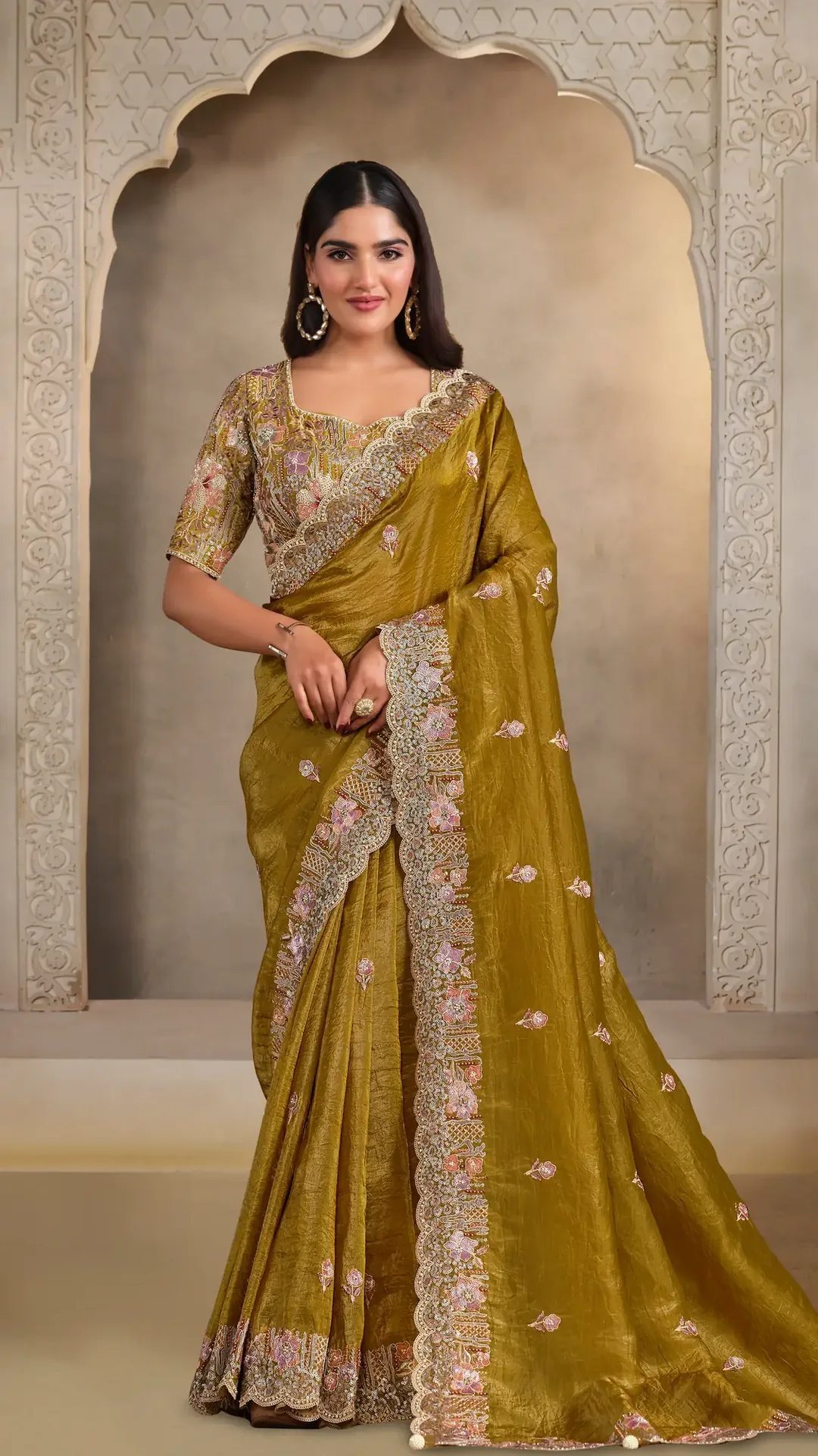 Crush Paper Silk Designer Saree with Sequence, Pearl and Thread Work