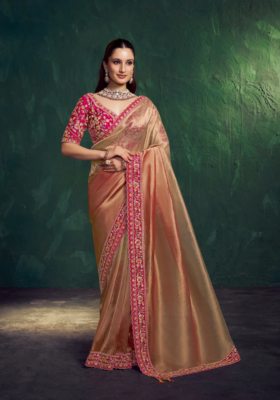 Rose Gold Kora Zari Tissue Silk Designer Saree with Dual Beads Embroidery