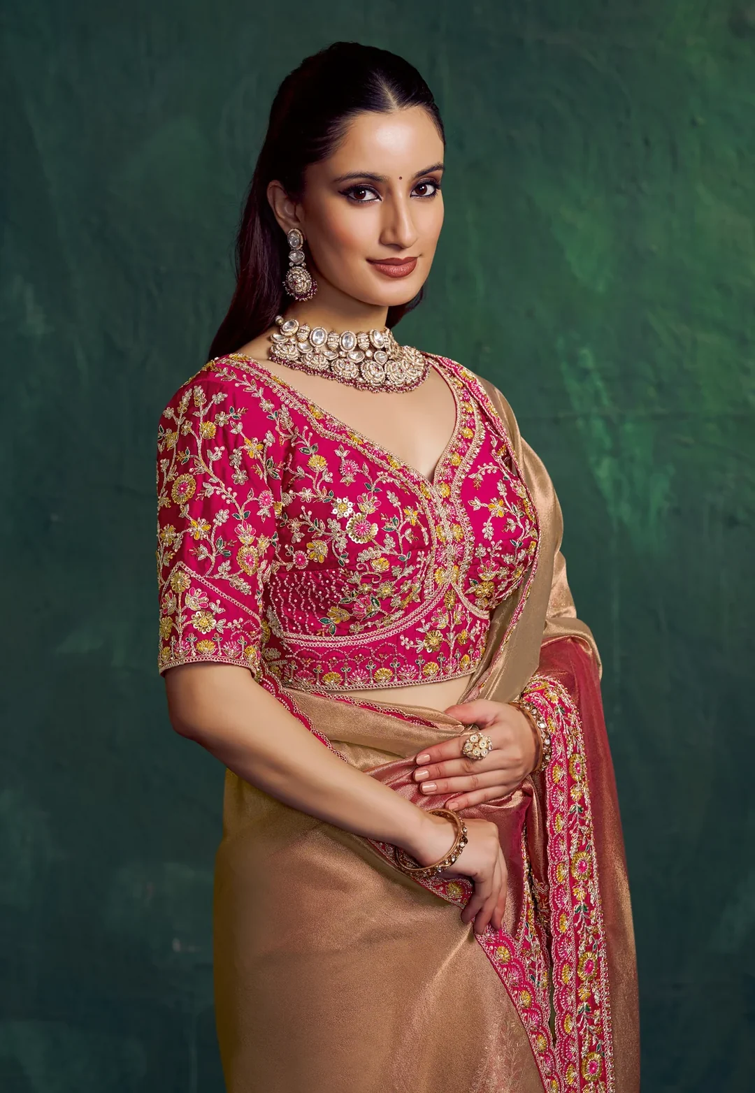 Rose Gold Kora Zari Tissue Silk Designer Saree with Dual Beads Embroidery - view 2