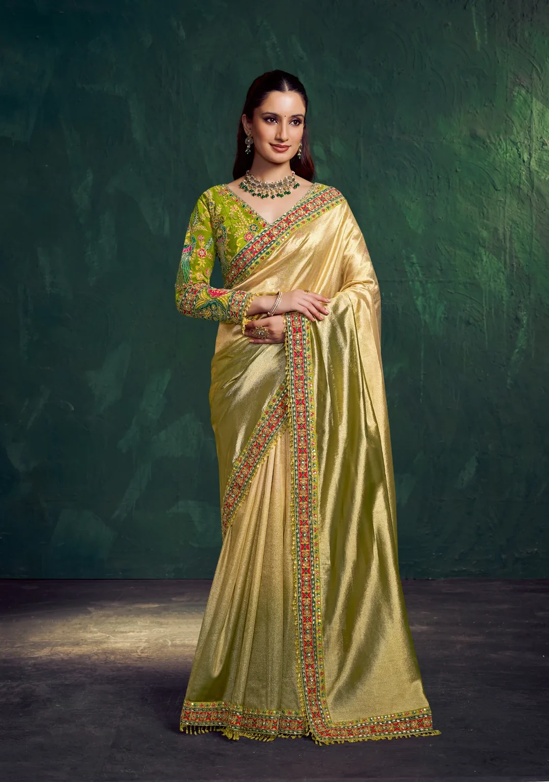 Gold Kora Zari Tissue Silk Designer Saree with Floral Motifs & Zari Work