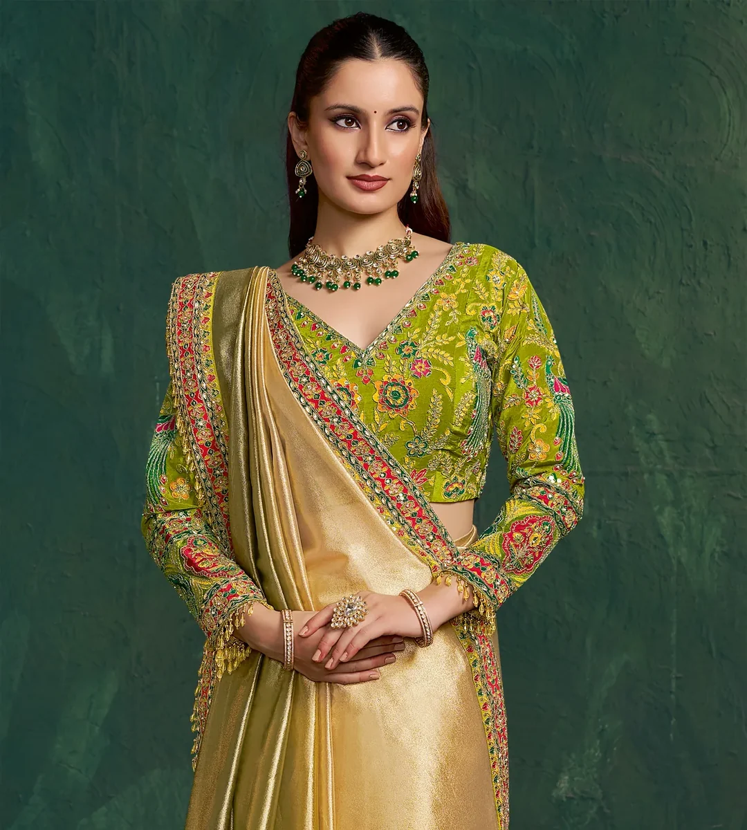 Gold Kora Zari Tissue Silk Designer Saree with Floral Motifs & Zari Work - view 2