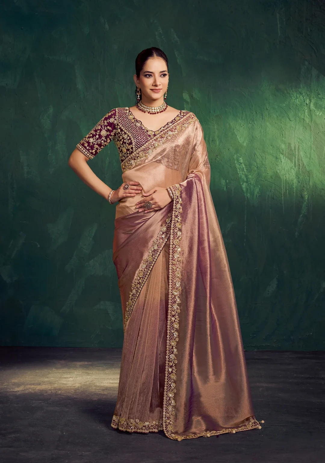 Rose Gold Kanjivaram Zari Tissue Silk Designer Saree with Golden Beads & Floral Embellishment