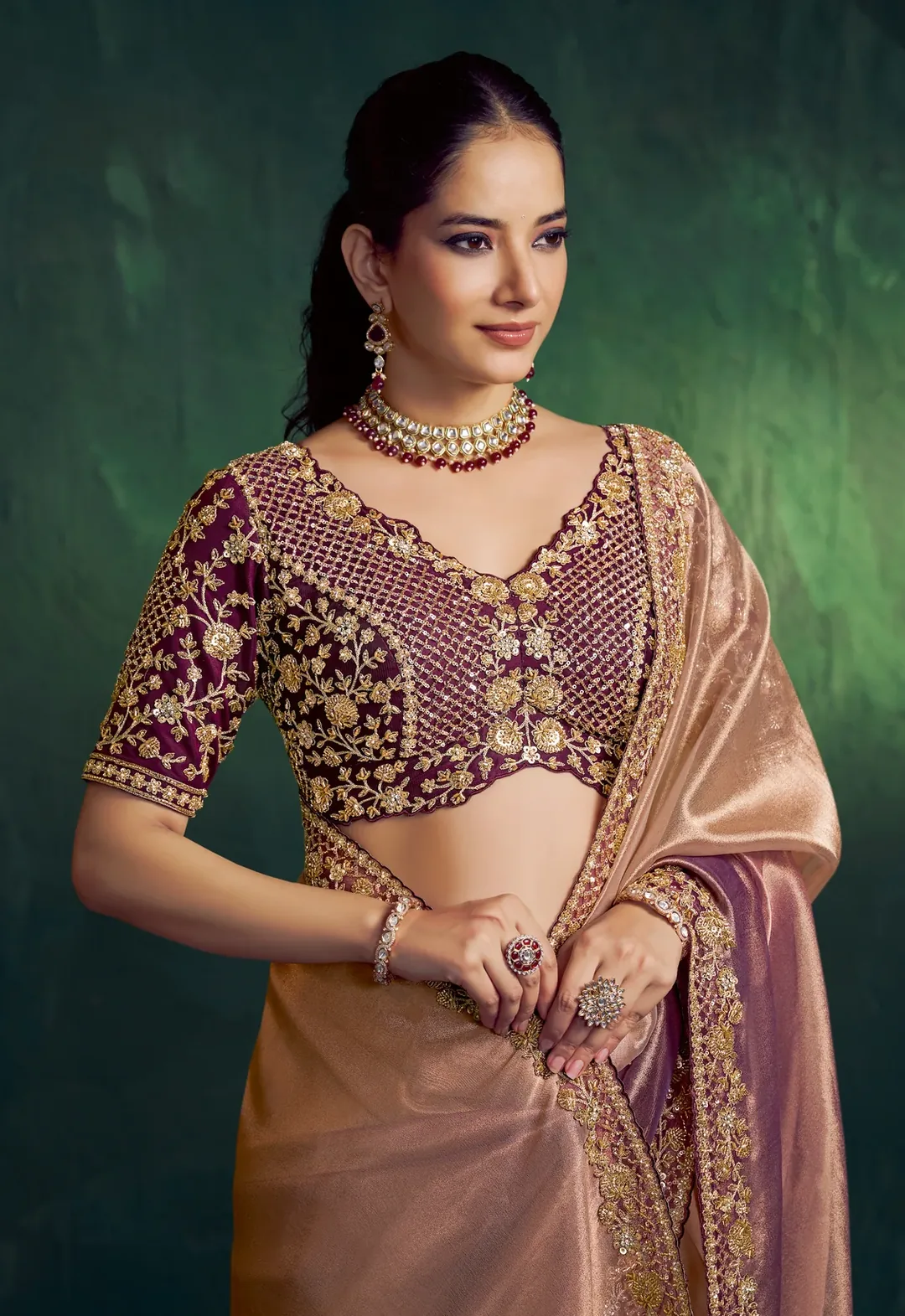 Rose Gold Kanjivaram Zari Tissue Silk Designer Saree with Golden Beads & Floral Embellishment - view 2