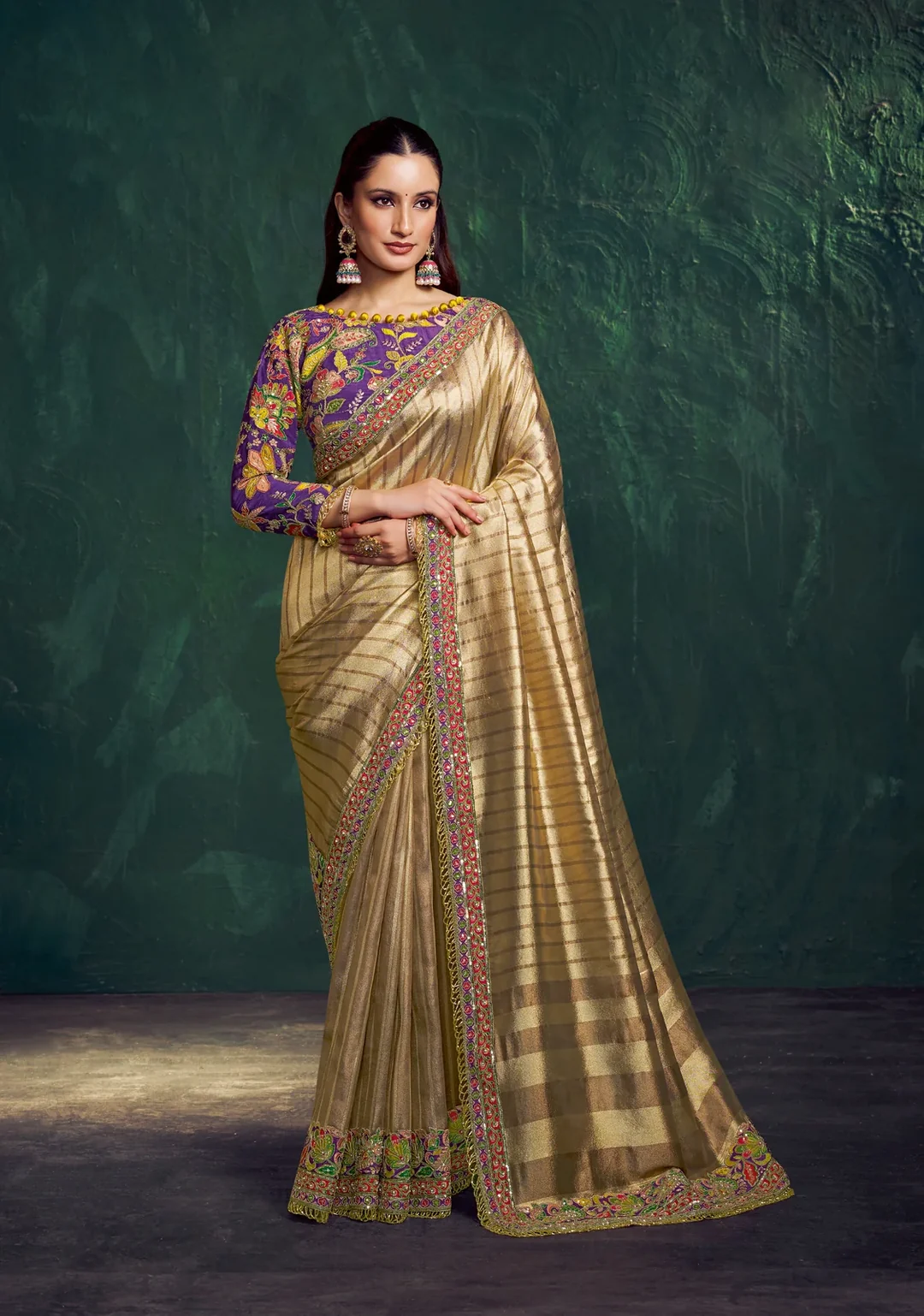 Antique Gold Kanjivaram Zari Tissue Designer Saree with Floral Motifs & Zari Work