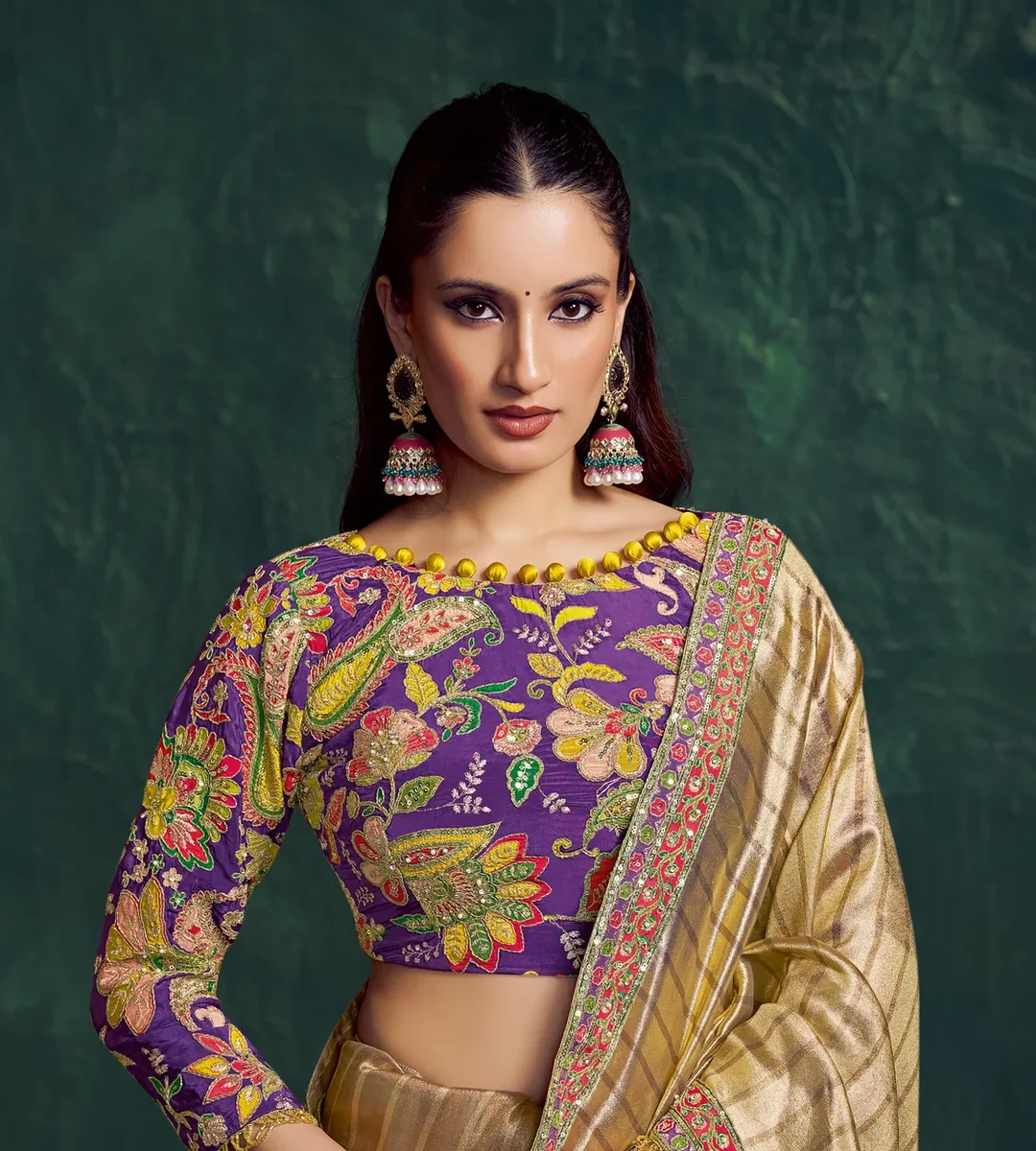 Antique Gold Kanjivaram Zari Tissue Designer Saree with Floral Motifs & Zari Work - view 2