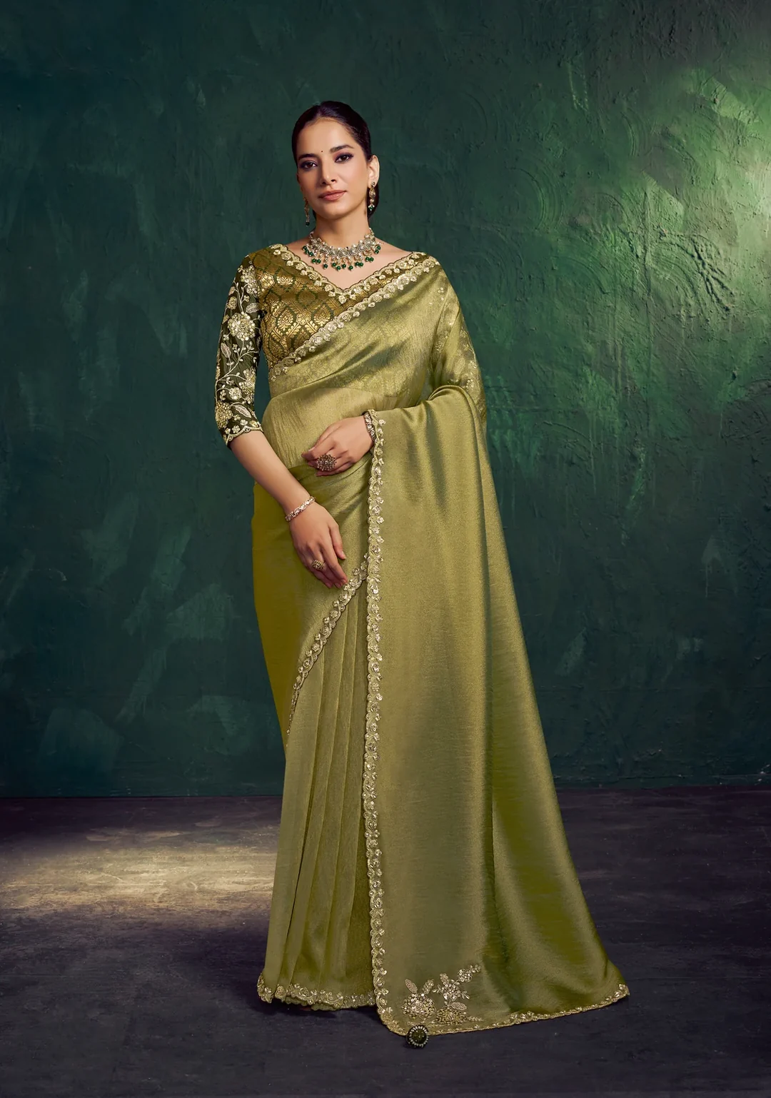 Olive Green Zari Tissue Silk Designer Saree with Dual Sequence & Delicate Embroidery