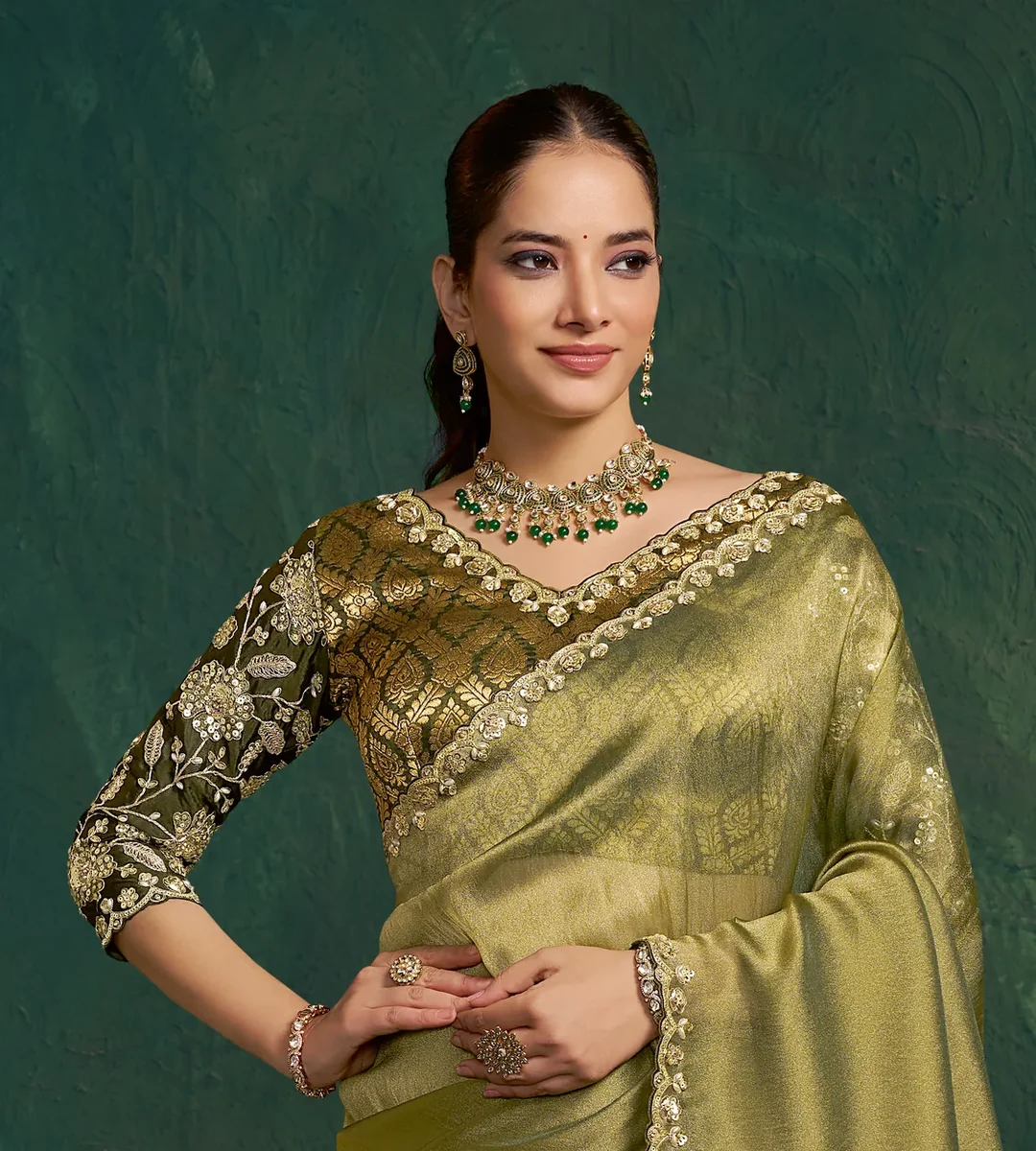 Olive Green Zari Tissue Silk Designer Saree with Dual Sequence & Delicate Embroidery - view 2