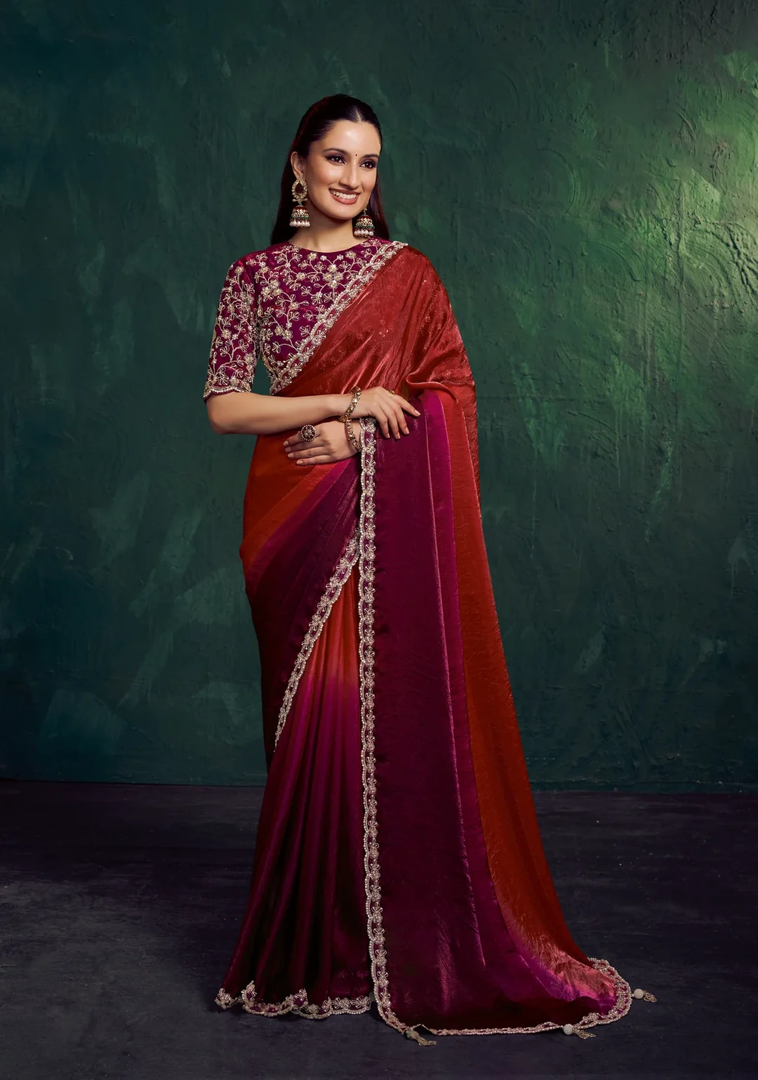 Burgundy Two Tone Shaded Satin Designer Saree with Beads & Sequence Embellishment