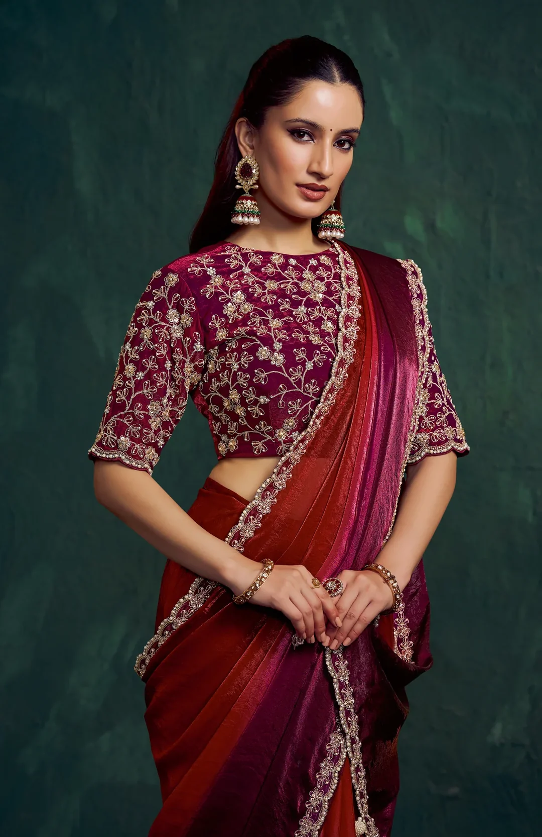 Burgundy Two Tone Shaded Satin Designer Saree with Beads & Sequence Embellishment - view 2