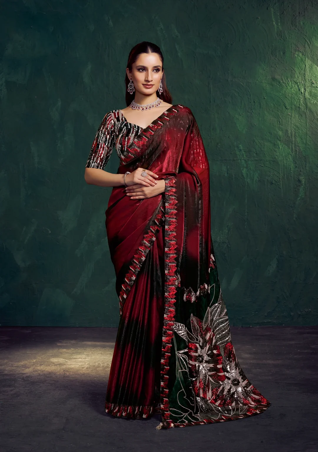 Black & Crimson Two Tone Shaded Satin Designer Saree with Triple Sequence & Beads