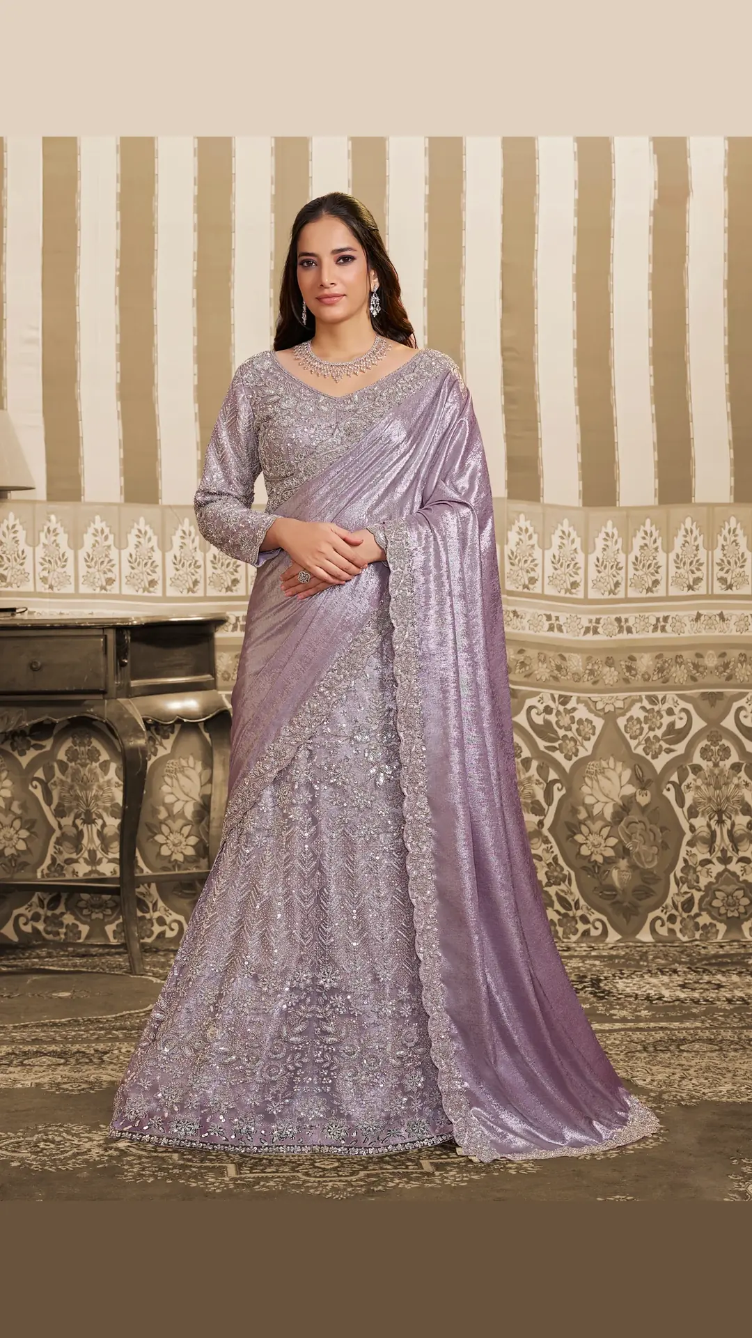 Lavender Ready-to-Wear Lehenga Style Saree with Beads and Sequins