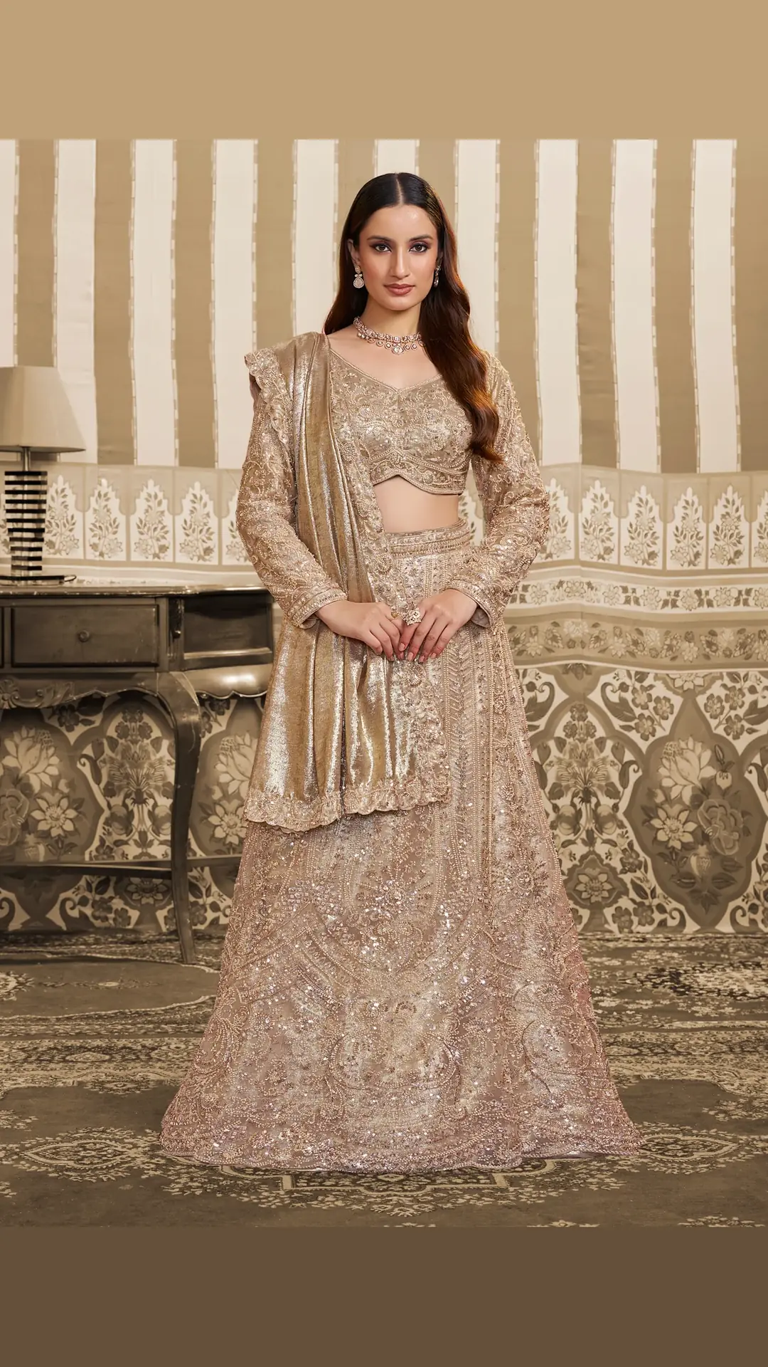 Beige Ready-to-Wear Lehenga Style Saree with Bead and Sequin Work