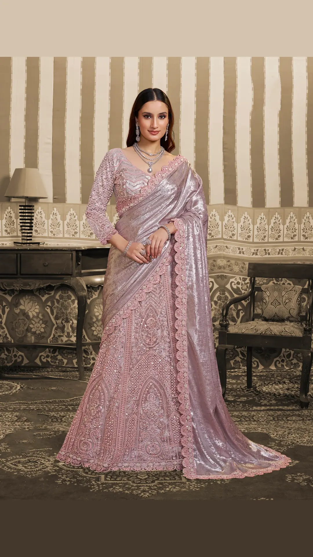 Pink Ready-to-Wear Lehenga Style Saree with Beads and Sequin Work