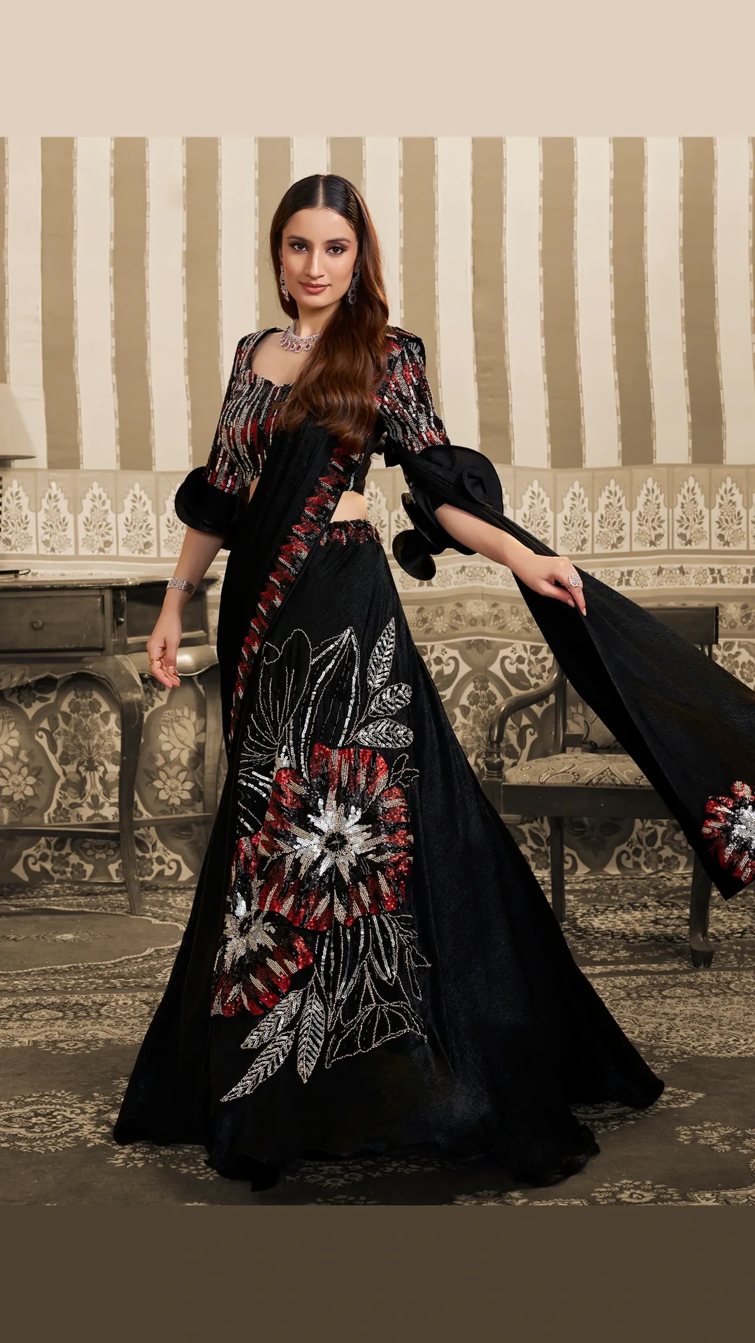 Black Ready-to-Wear Lehenga Style Saree with Triple Sequins and Beads