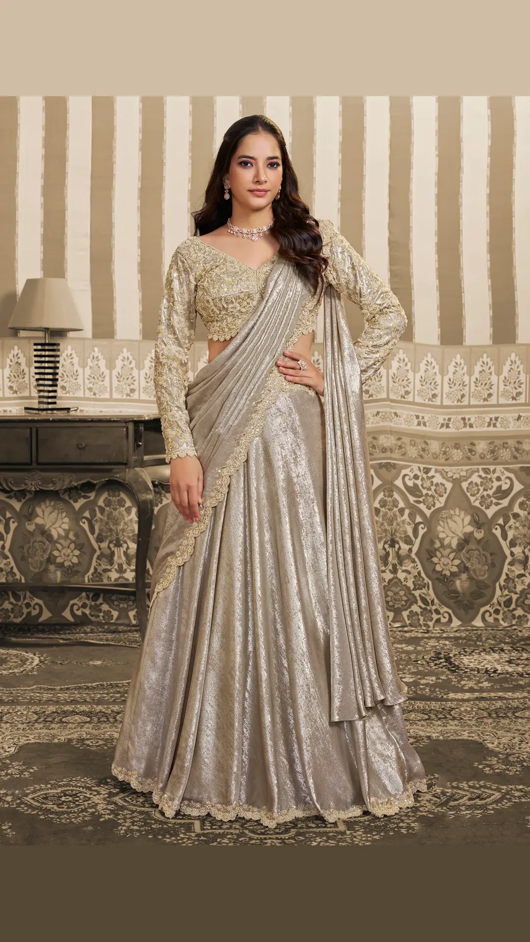 Silver Ready-to-Wear Lehenga Style Saree with Aari and Bead Work