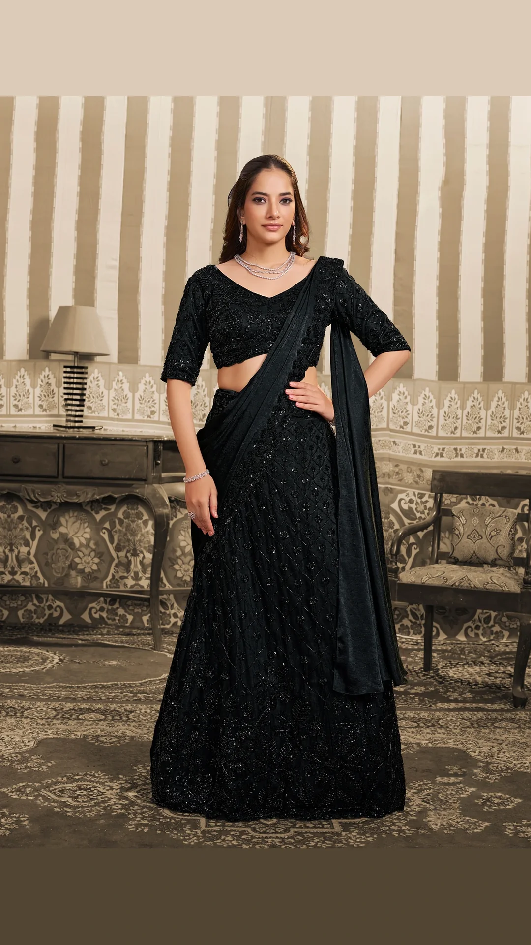 Ready-to-Wear Lehenga Style Saree with Beads and Sequin Embellishment