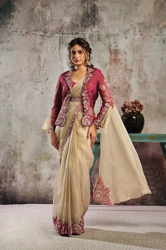 Beige/Red Crystal Organza Satin Ready-to-Wear Saree with Stone & Sequin Handwork