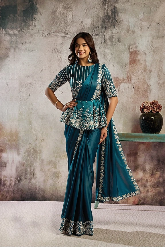 Teal Lustrous Satin Ready-to-Wear Saree with Crystal Sequin Embroidery