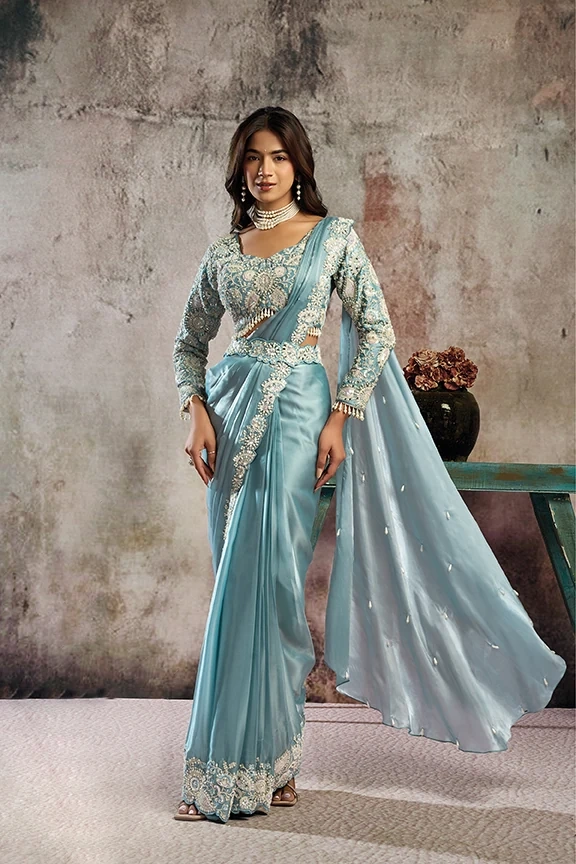 Powder Blue Lustrous Satin Ready-to-Wear Saree with Pearl & Mirror Handwork