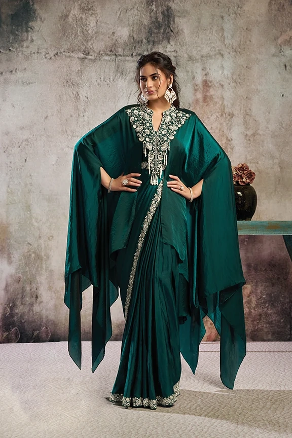 Deep Teal Two Tone Satin Ready-to-Wear Saree with Sequin & Pearl Work