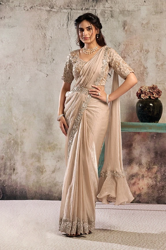 Beige Two Tone Glossy Satin Ready-to-Wear Saree with Sequin & Pearl Handwork