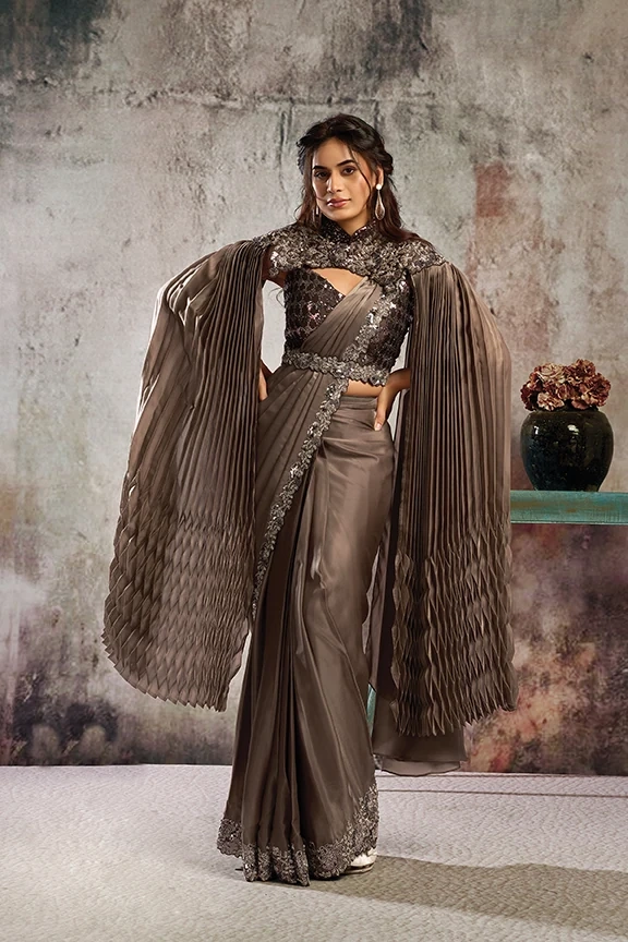 Brown Lustrous Armani Satin Ready-to-Wear Saree with Floral Bead Work