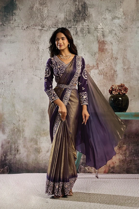 Brown/Purple Metallic Gold Satin Ready-to-Wear Saree with Pearl & Stone Handwork