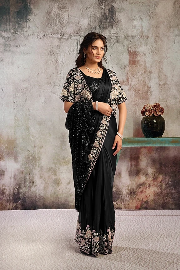 Black Lustrous Satin Ready-to-Wear Saree with Floral Applique & Stone Handwork