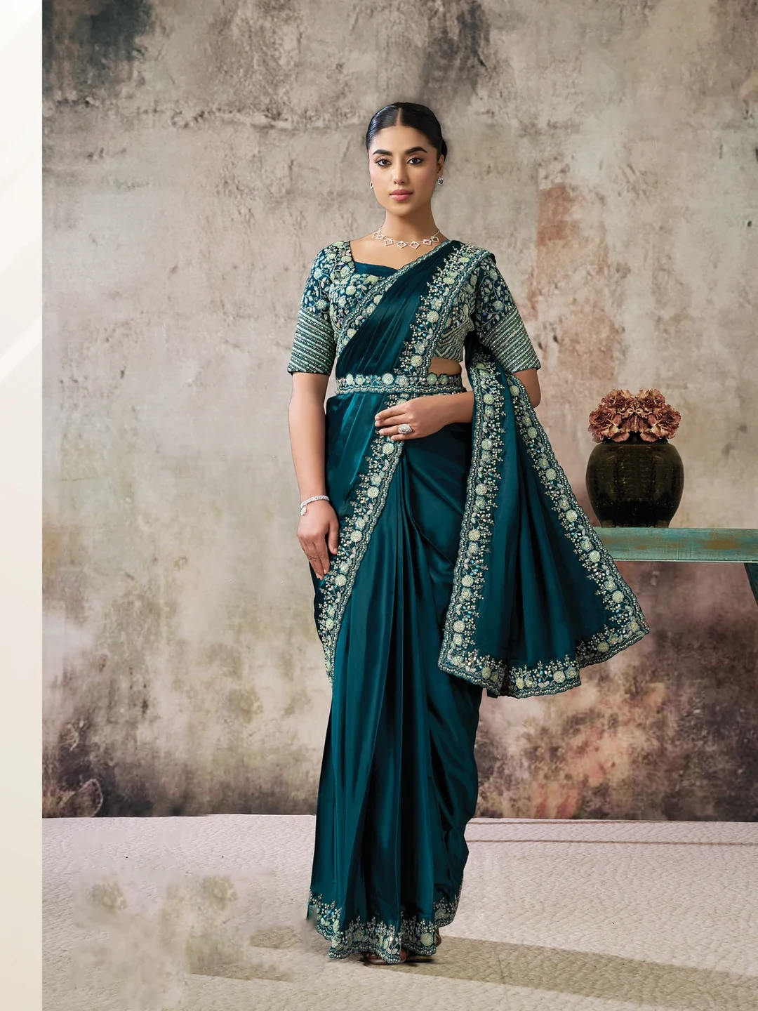 Teal Crepe Satin Silk Ready-to-Wear Saree with Sequin Handwork