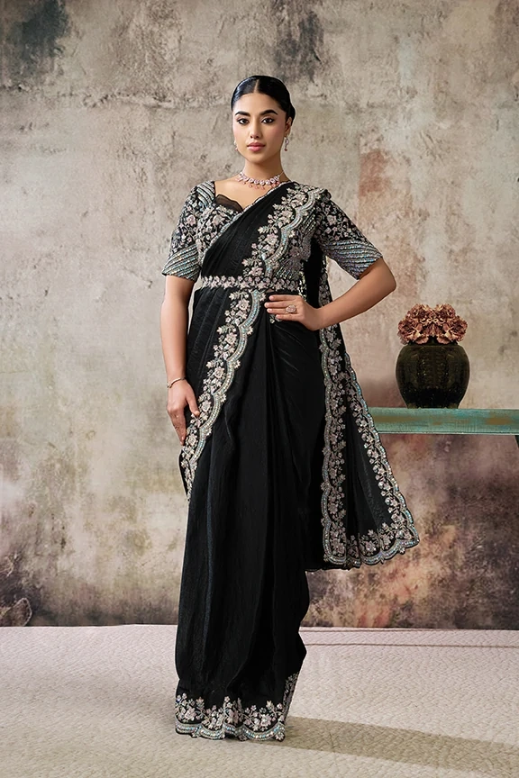 Black Two Tone Satin Silk Ready-to-Wear Saree with Sequin Handwork
