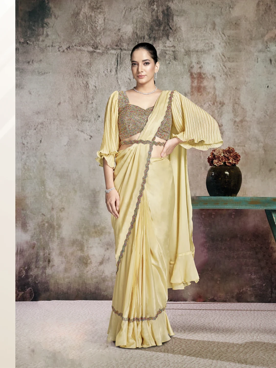 Light Yellow Crepe Satin Silk Ready-to-Wear Saree with Bead Aari Work
