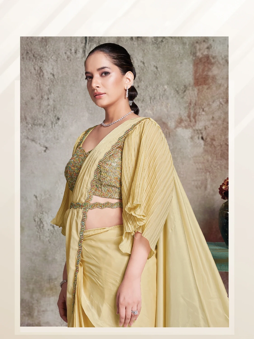 Light Yellow Crepe Satin Silk Ready-to-Wear Saree with Bead Aari Work - view 2
