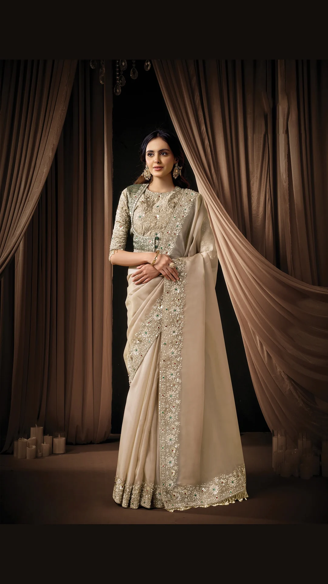 Beige Zari Organza Satin Designer Saree with Dual Sequins Embroidery