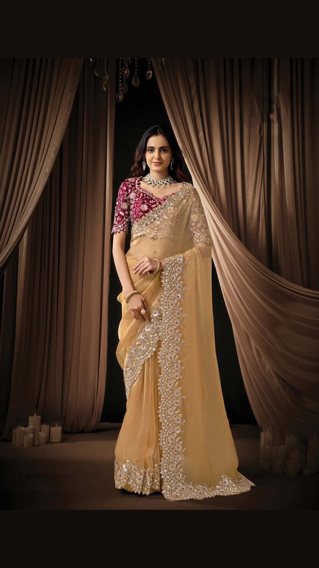 Beige Organza Tissue Designer Saree with Sequins, Pearl and Stone Work