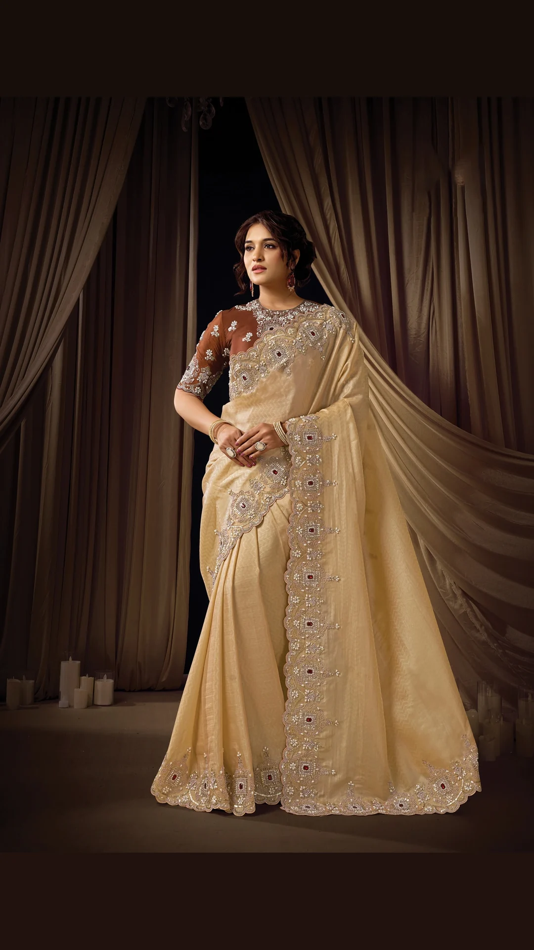 Beige Self Woven Jacquard Silk Designer Saree with Sequins and Pearl