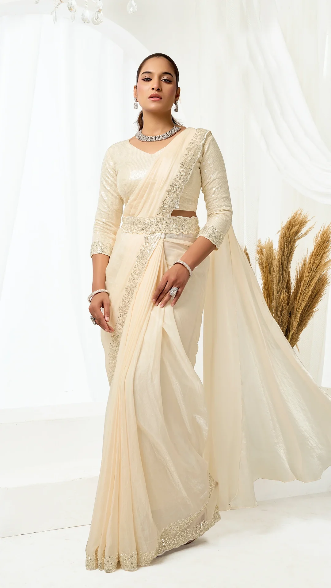 Ready-to-Wear Two Tone Satin Silk Saree with Sequin Embroidery