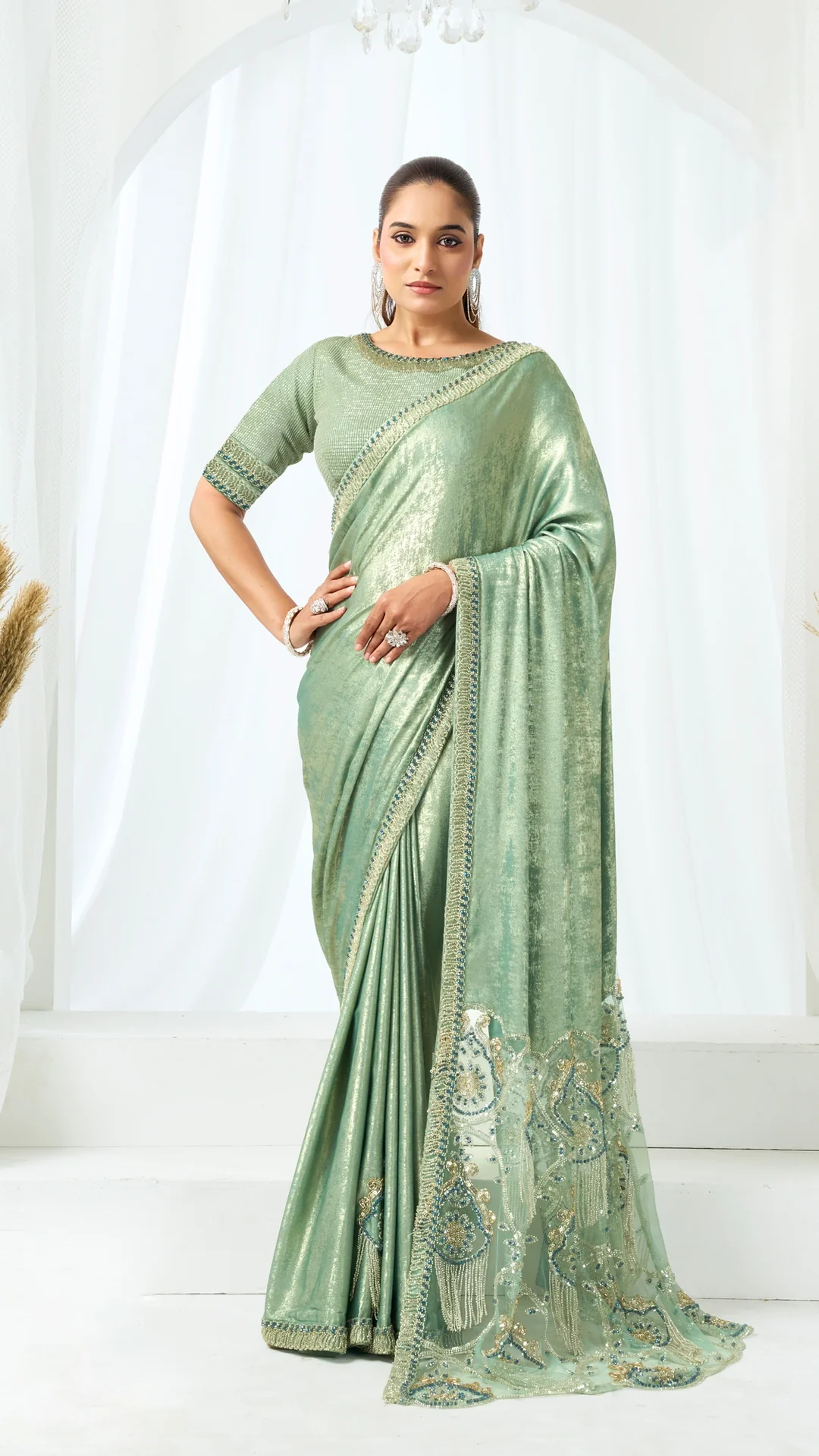 Metallic Lustrous Satin Silk Saree with Bead Hangings and Crystals