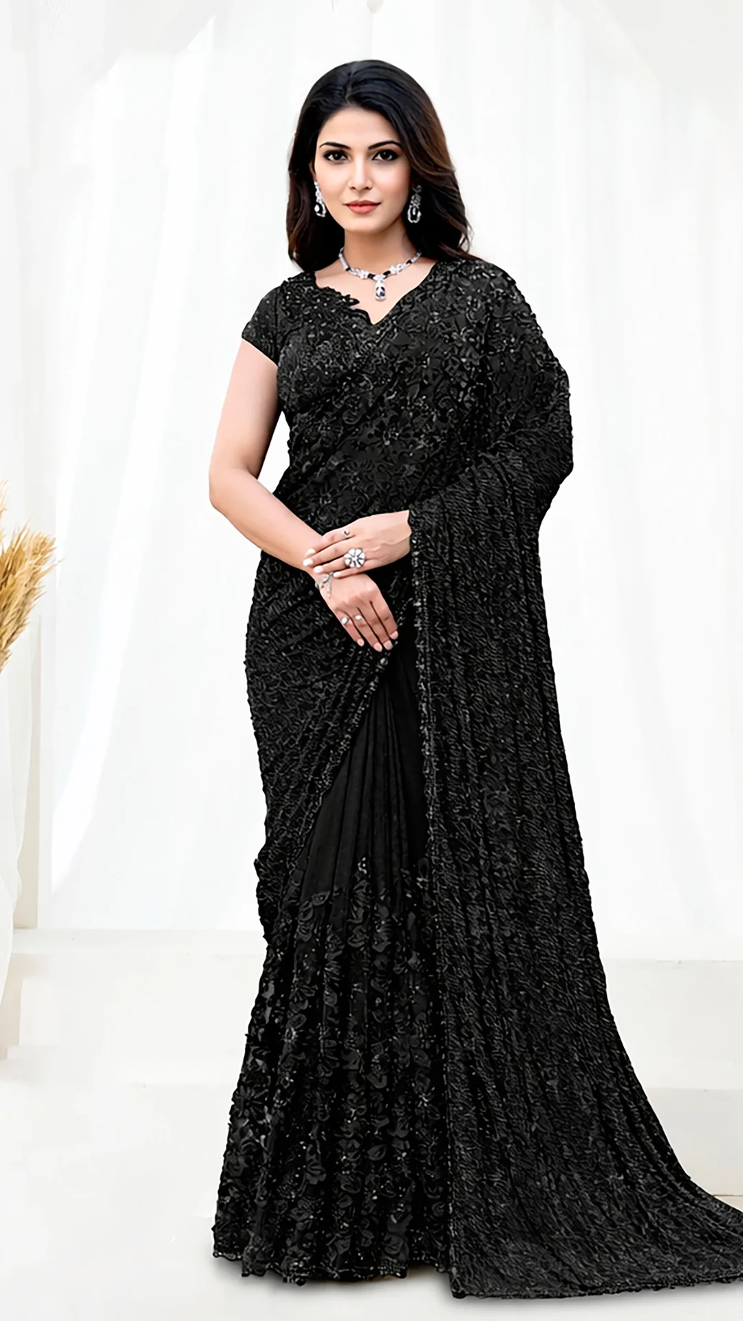 Armani Tulle Saree with Stone, Hanging Pipes and Applique Work