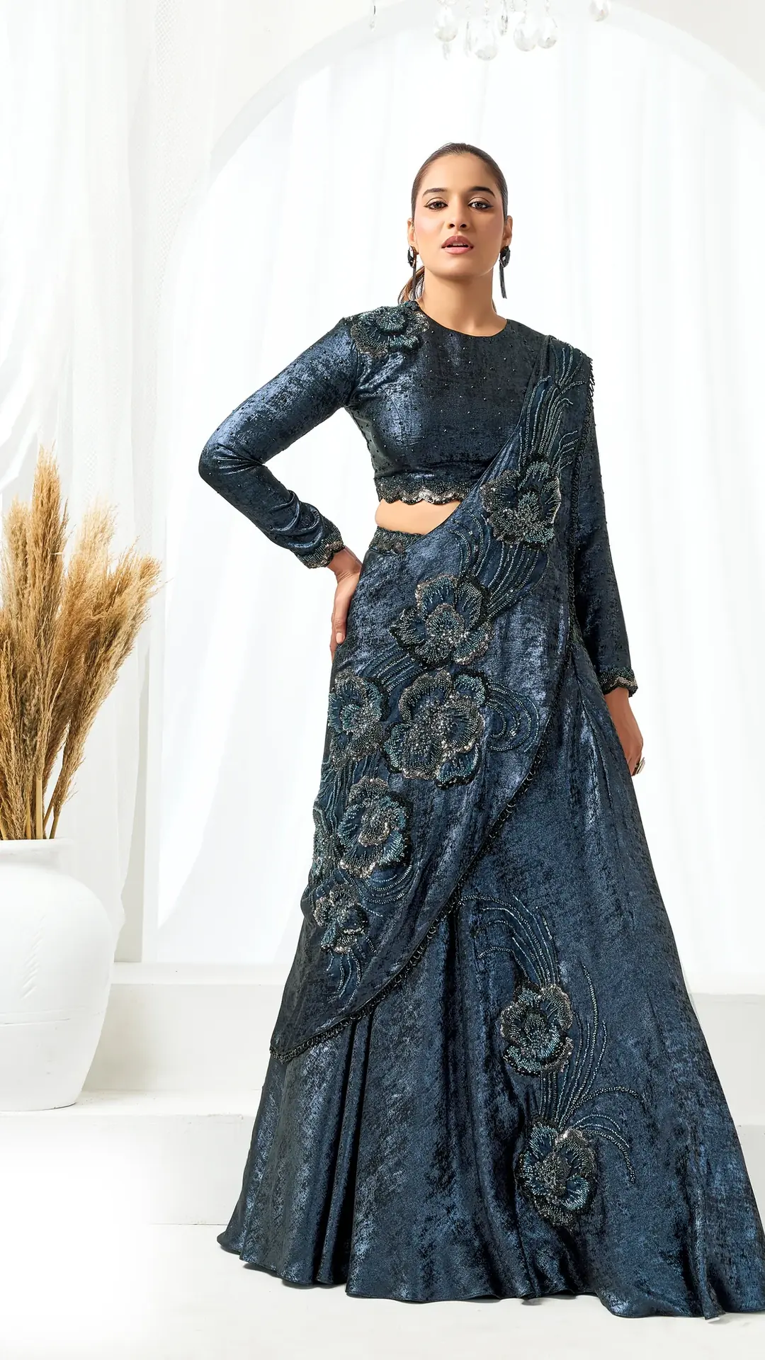 Metallic Satin Silk Ready-to-Wear Lehenga Saree with Cutdana Work