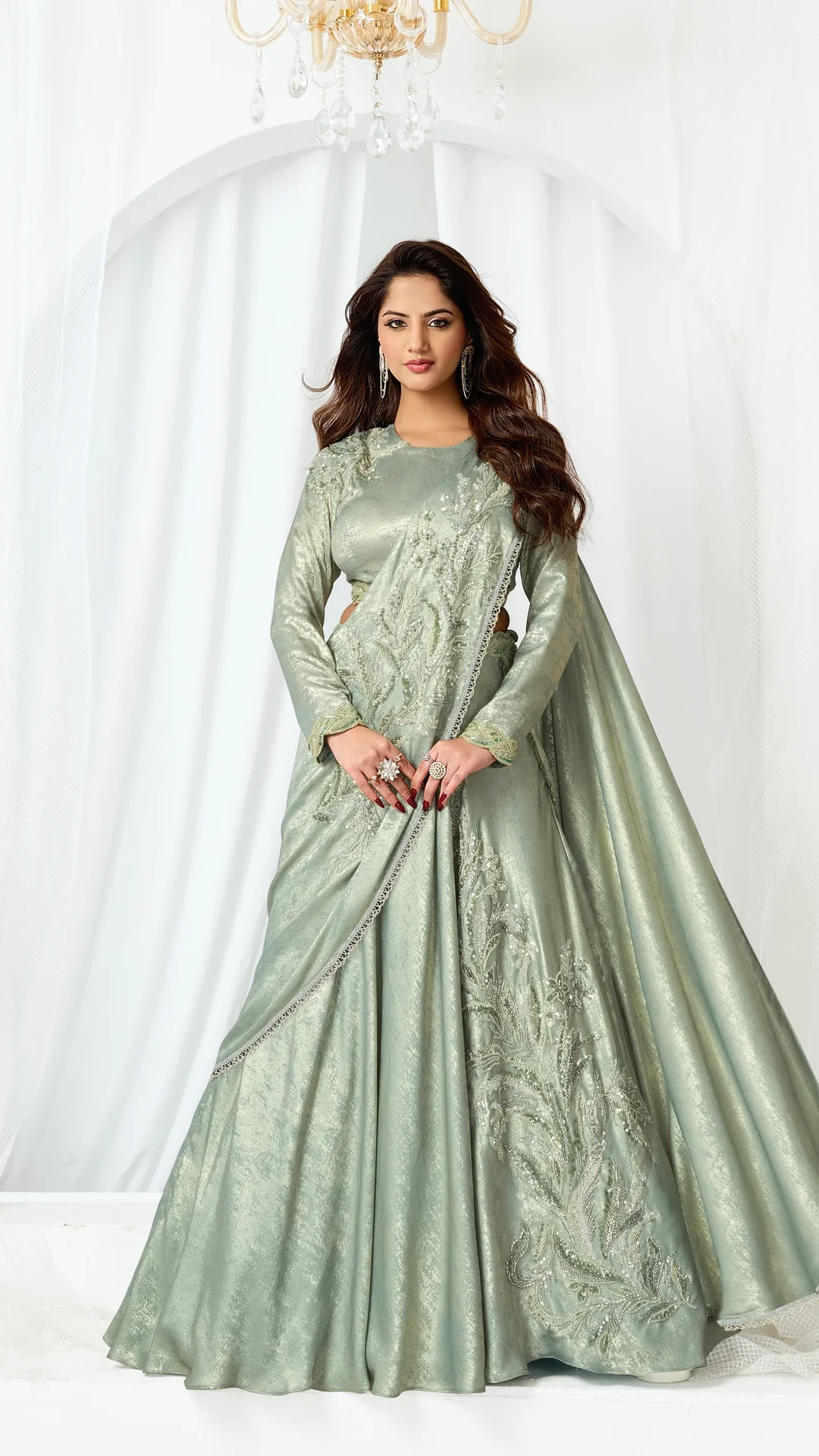 Ready-to-Wear Metallic Satin Silk Lehenga Saree with Leaf Motif Beadwork