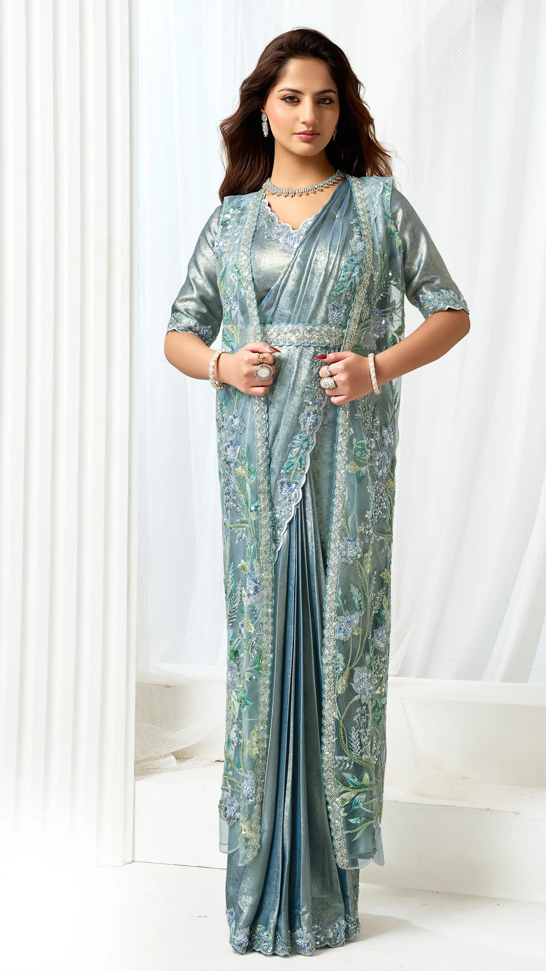 Ready-to-Wear Metallic Satin Silk Saree with Satin Stitch Embroidery
