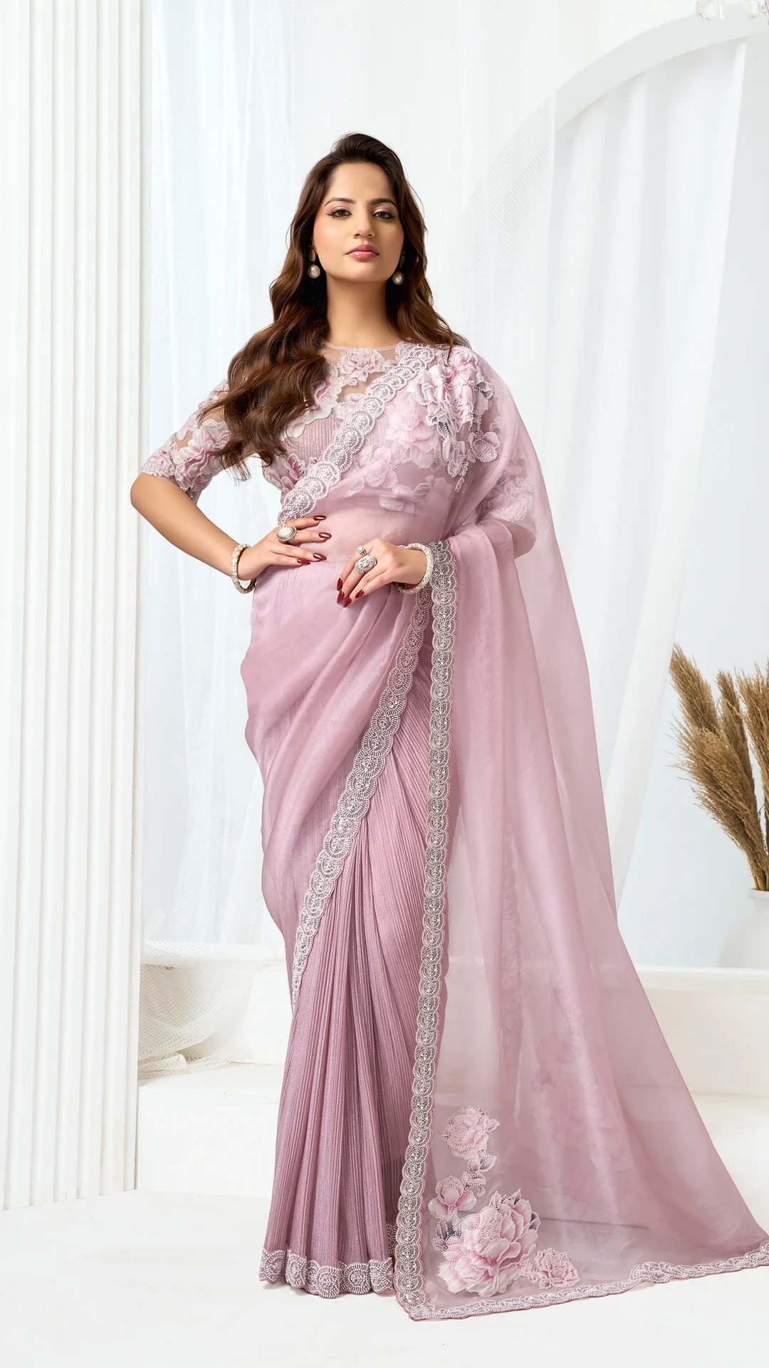 Crushed Shimmer Organza Saree with Floral Print, Beads and Sequins