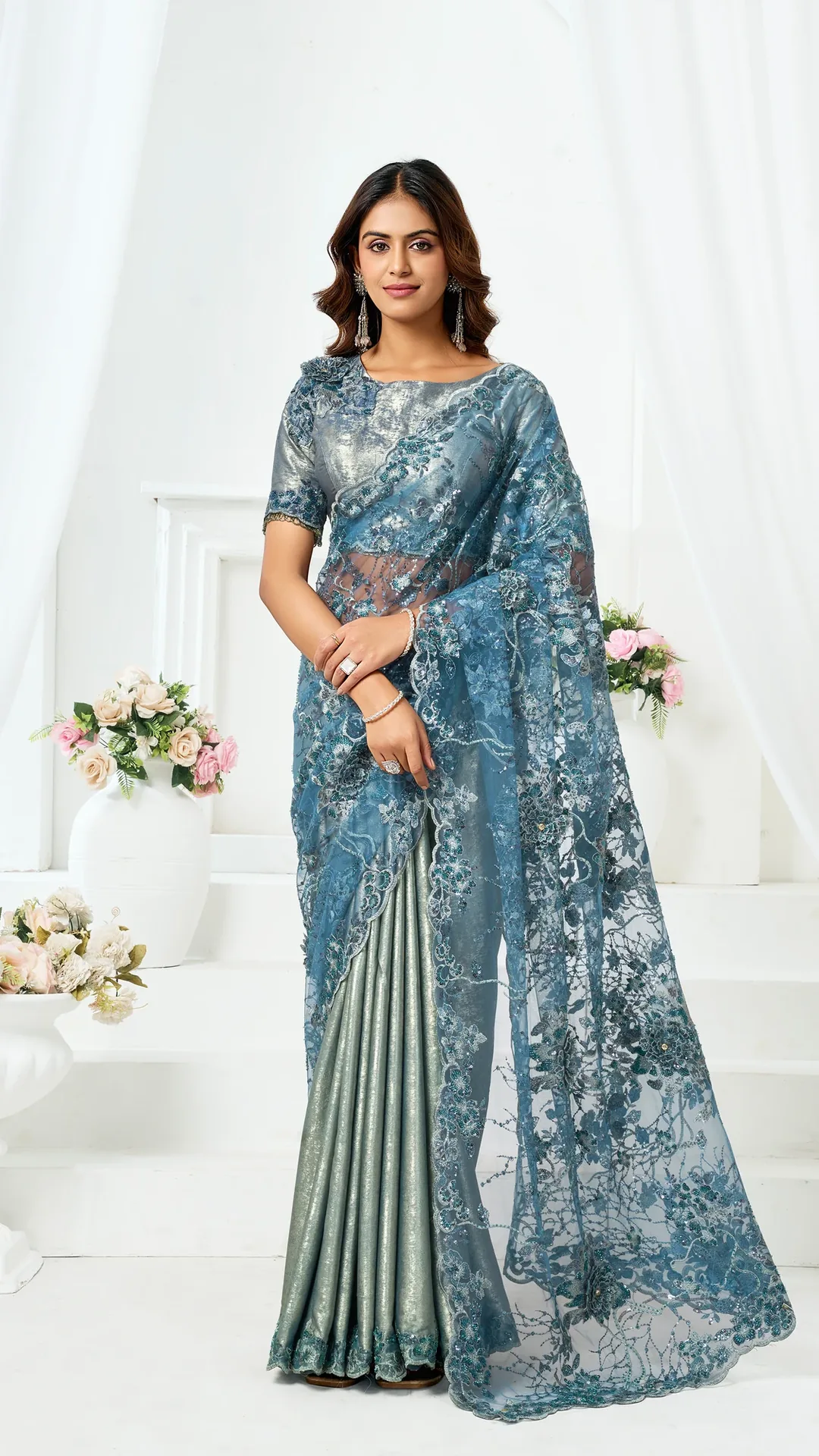 Metallic Satin Silk Mono Net Saree with Floral Motifs and Cutdana