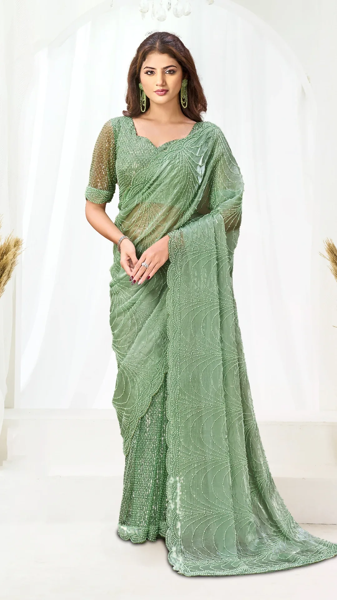 Jimmy Choo Mono Net Saree with Dual Beads and Sequins Embellishment