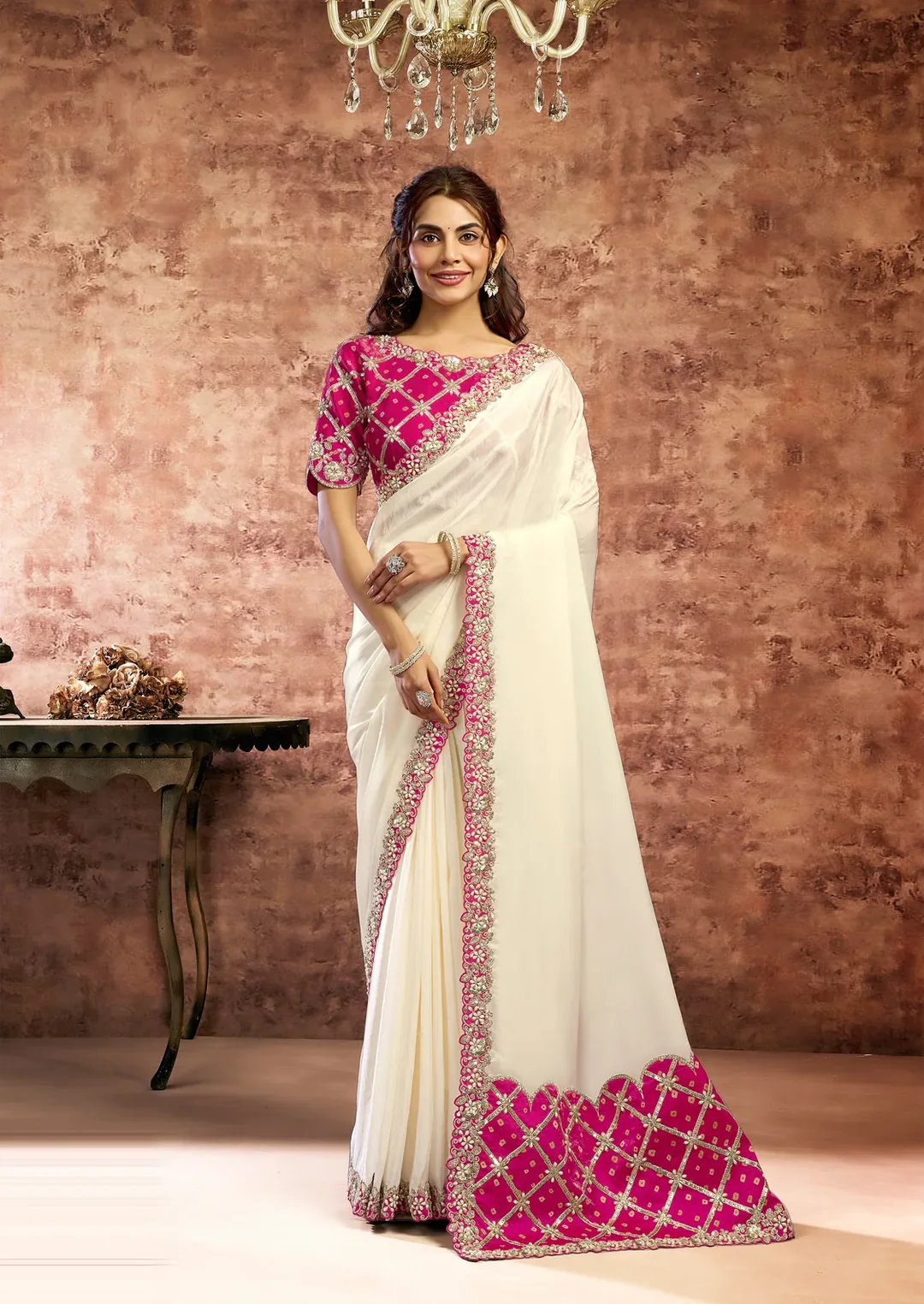 Ivory Lustrous Satin Silk Designer Saree with Sequin, Stone & Pearl Work