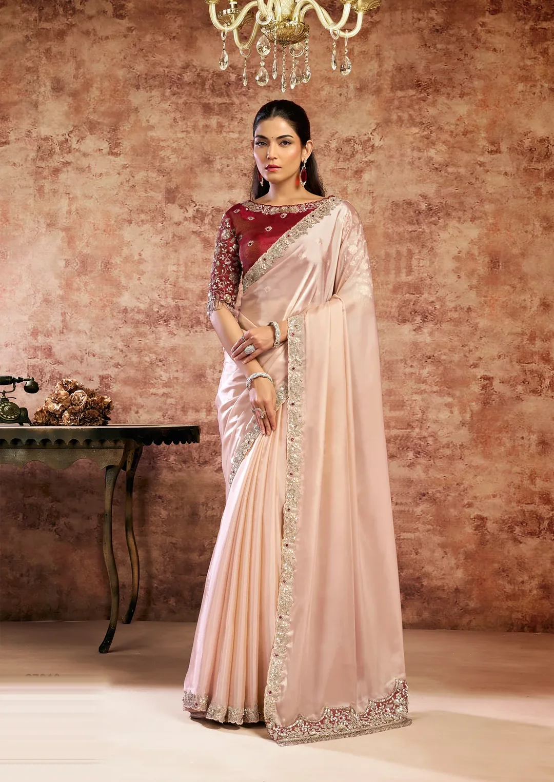 Blush Pink Lustrous Satin Silk Designer Saree with Crystal & Cutdana Work