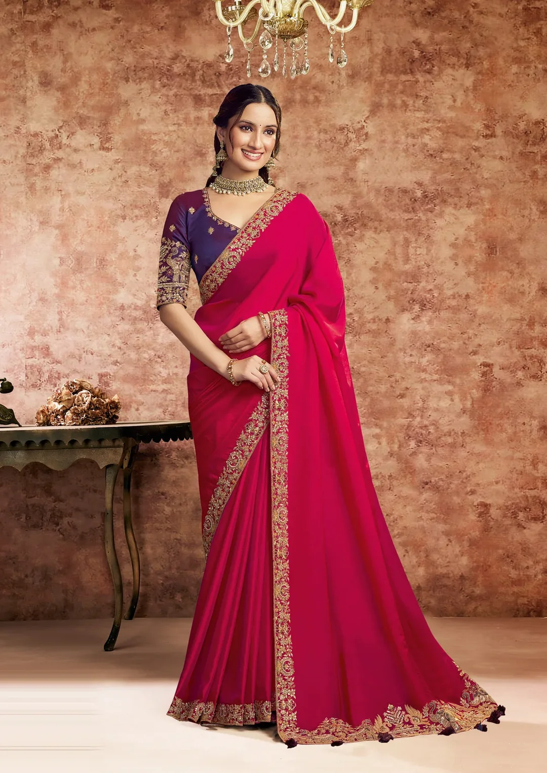 Fuchsia Pink Lustrous Satin Silk Designer Saree with Zardozi & Pearl Work
