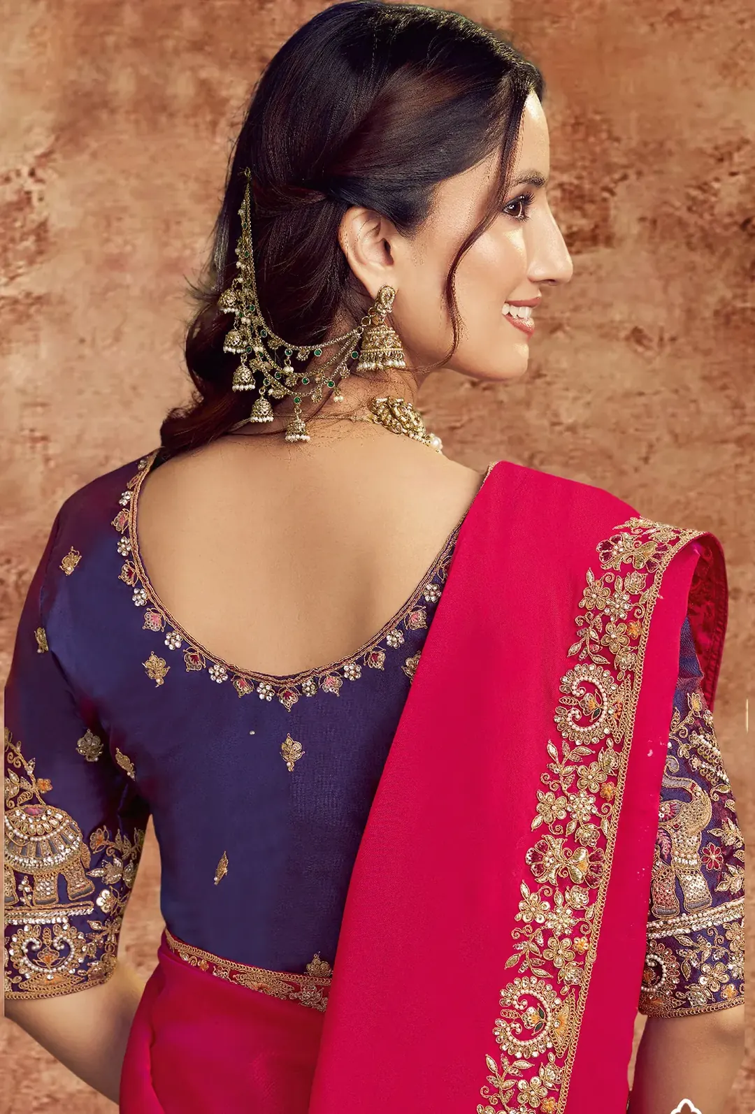Fuchsia Pink Lustrous Satin Silk Designer Saree with Zardozi & Pearl Work - view 2