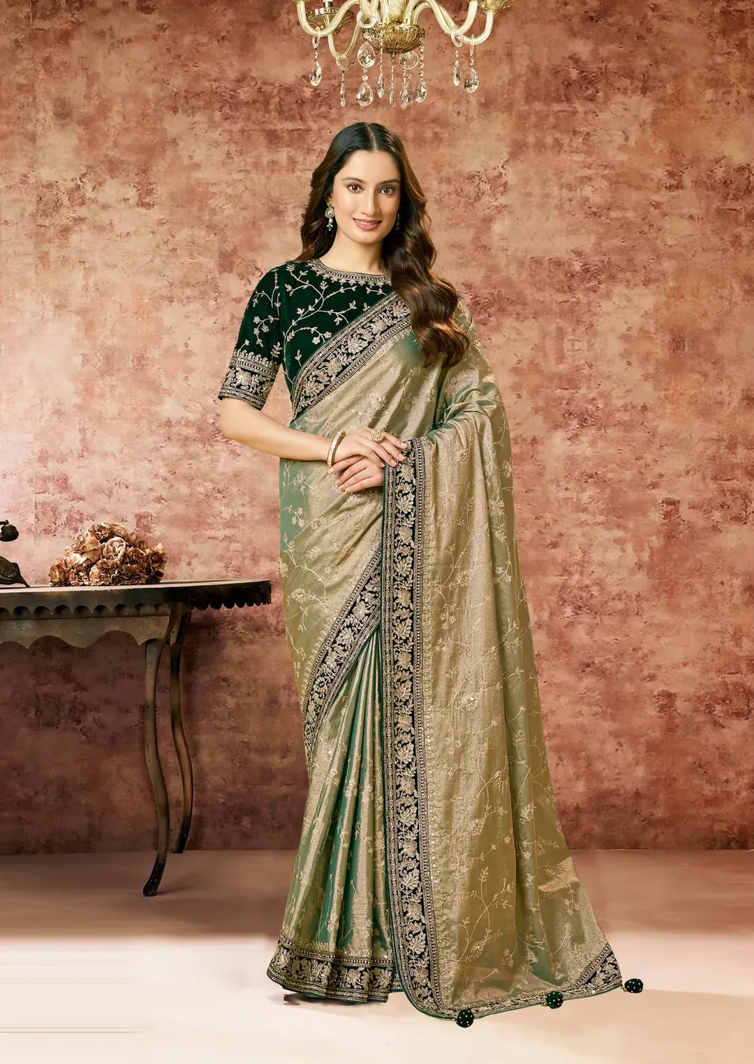 Sage Green Handwoven Zari Tissue Designer Saree with Swarovski Work